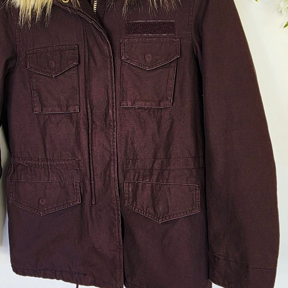 H&M Utility Coat Jacket Size 0 Burgundy Removeable Faux Fur Trim Anorak Military - Picture 4 of 12